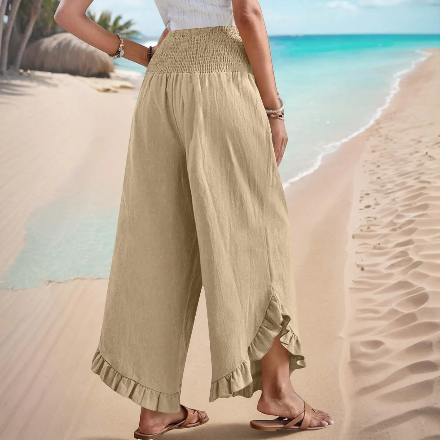 Womens Linen Pants Summer Wide Leg Pants Smocked Waist Ruffle Hem Palazzo Pant Flowy Beach Vacation Clothes with Pocket
