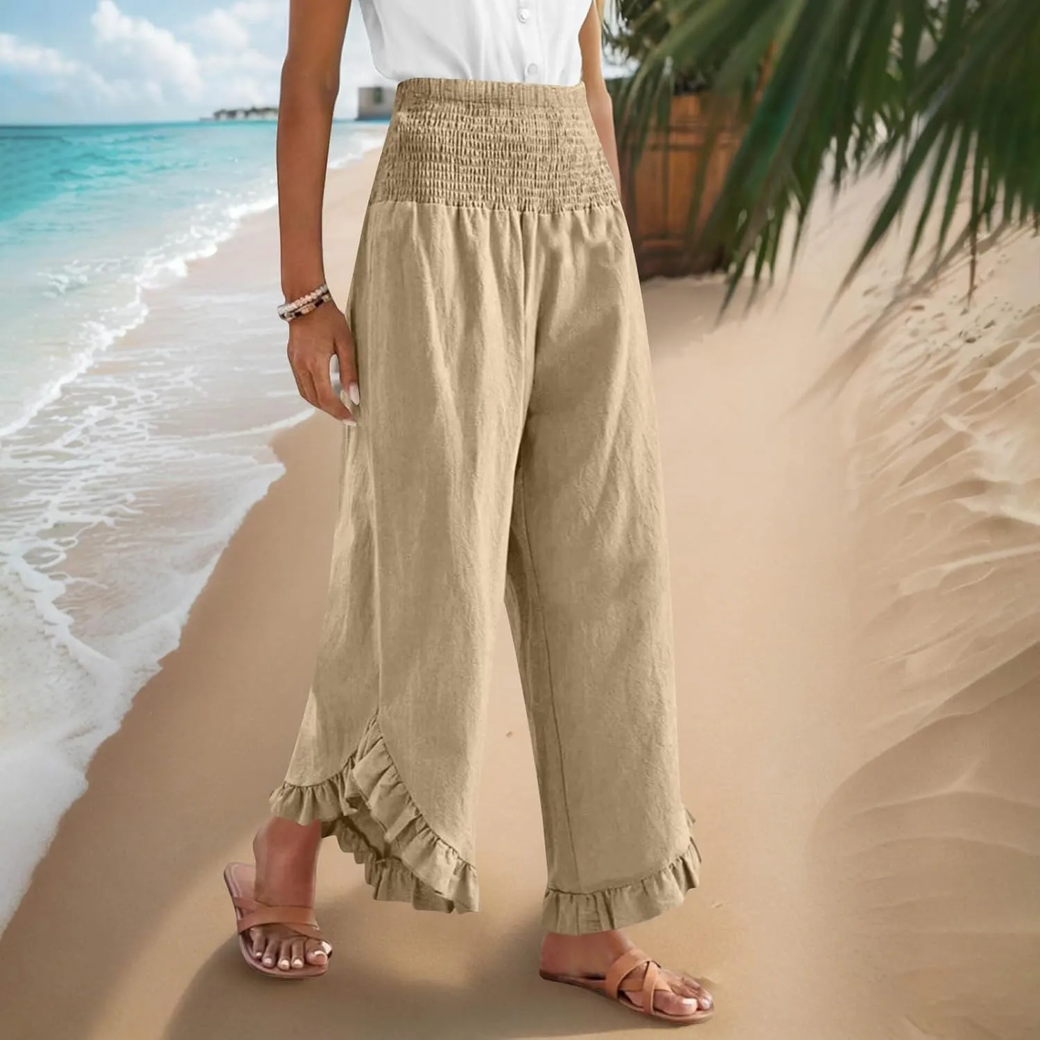 Womens Linen Pants Summer Wide Leg Pants Smocked Waist Ruffle Hem Palazzo Pant Flowy Beach Vacation Clothes with Pocket