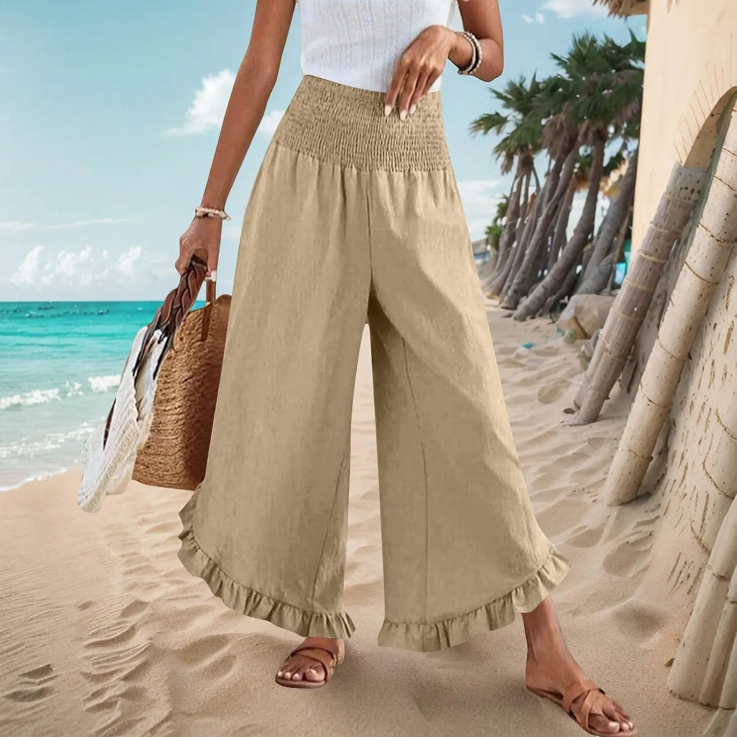 Womens Linen Pants Summer Wide Leg Pants Smocked Waist Ruffle Hem Palazzo Pant Flowy Beach Vacation Clothes with Pocket