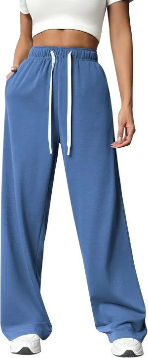 Women's Loose Waist Straight Wide-Leg Sport Trousers Casual Drawstring Workout Sweatpants Stretch Lounge Pants