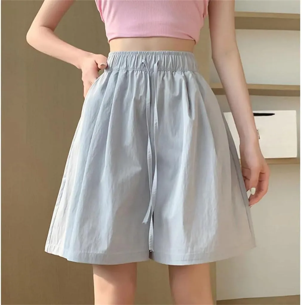 Women's Loose Wide Leg Shorts Solid Color Sweet Drawstring High Waist Jogging Pants