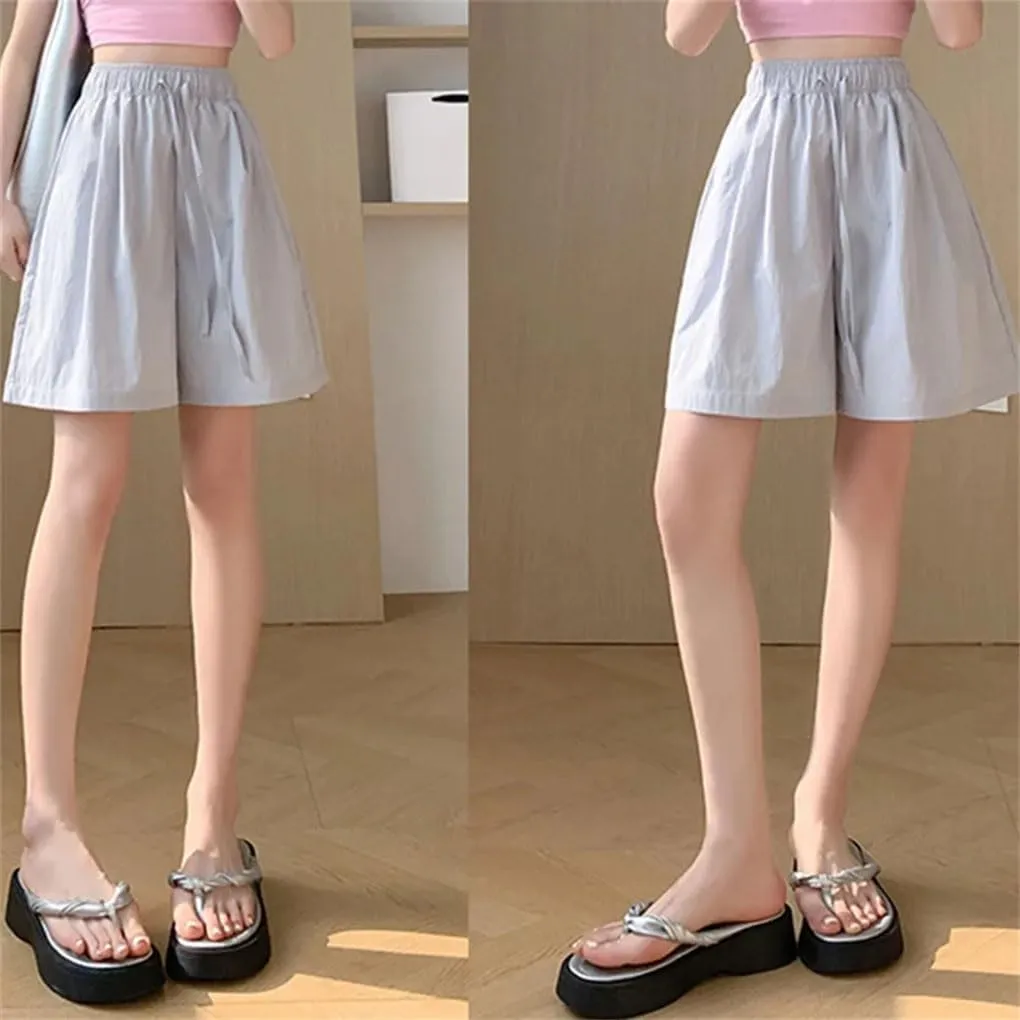 Women's Loose Wide Leg Shorts Solid Color Sweet Drawstring High Waist Jogging Pants