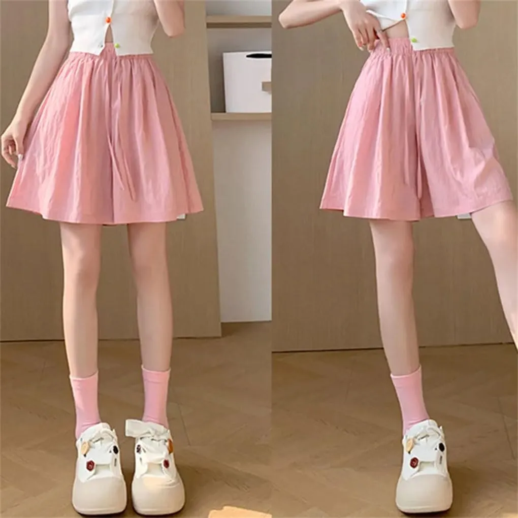 Women's Loose Wide Leg Shorts Solid Color Sweet Drawstring High Waist Jogging Pants