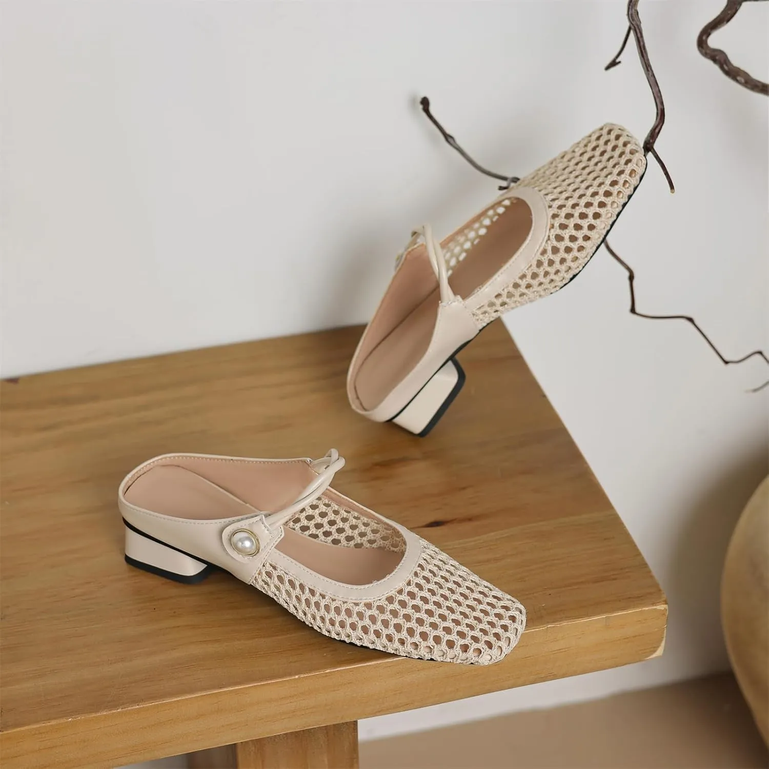 Women's Mash Sandal Web Pearl Buckle Slip-On Block Low Heels Pumps Closed Square Toe Work Comfortable Summer Vacation Mules Church Dress Shoes Wedding Evening Party Daily Wear Pumps