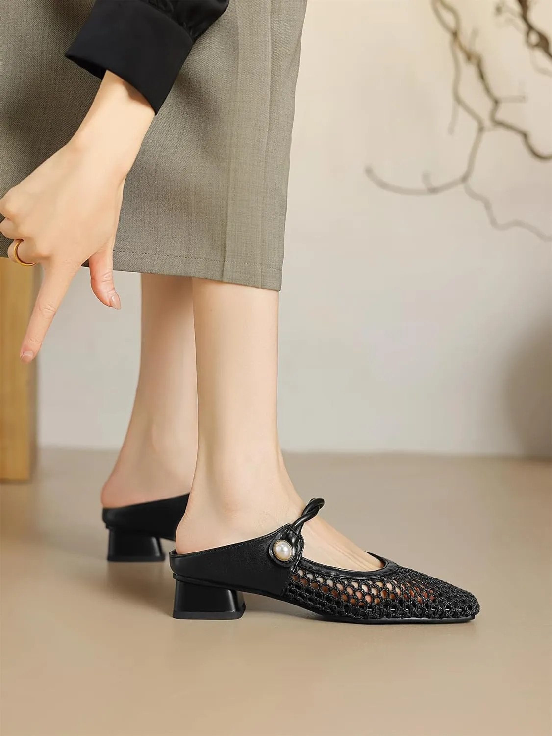 Women's Mash Sandal Web Pearl Buckle Slip-On Block Low Heels Pumps Closed Square Toe Work Comfortable Summer Vacation Mules Church Dress Shoes Wedding Evening Party Daily Wear Pumps