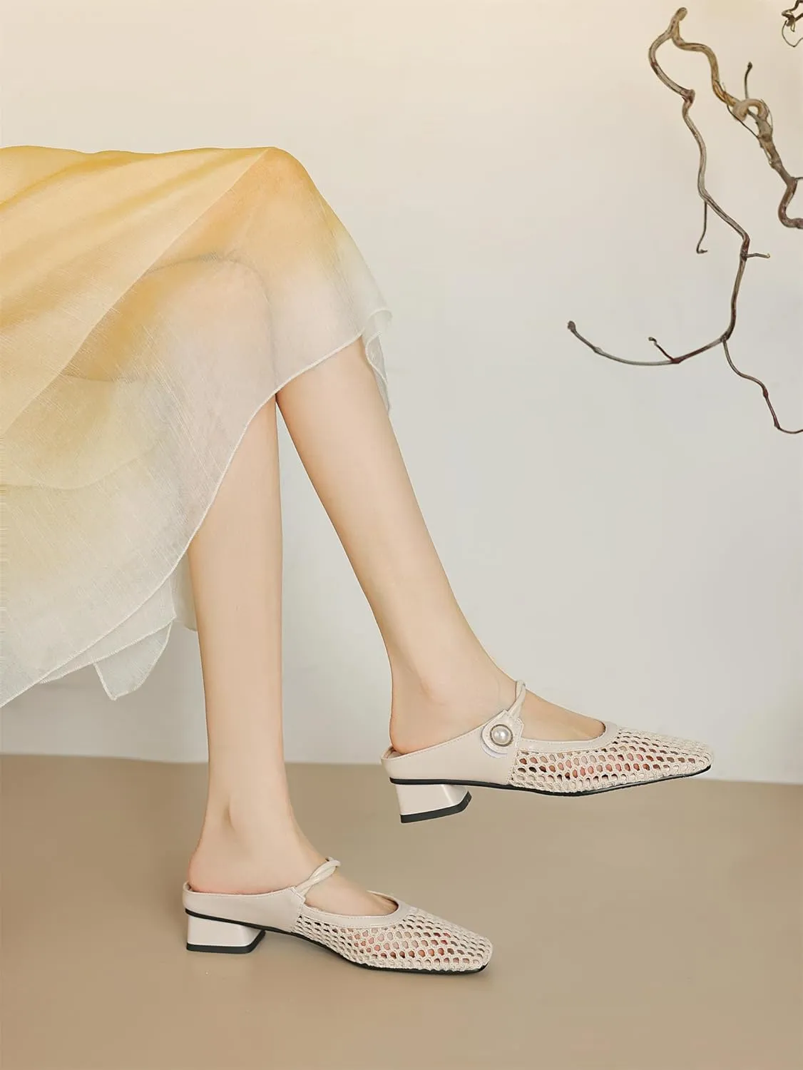 Women's Mash Sandal Web Pearl Buckle Slip-On Block Low Heels Pumps Closed Square Toe Work Comfortable Summer Vacation Mules Church Dress Shoes Wedding Evening Party Daily Wear Pumps