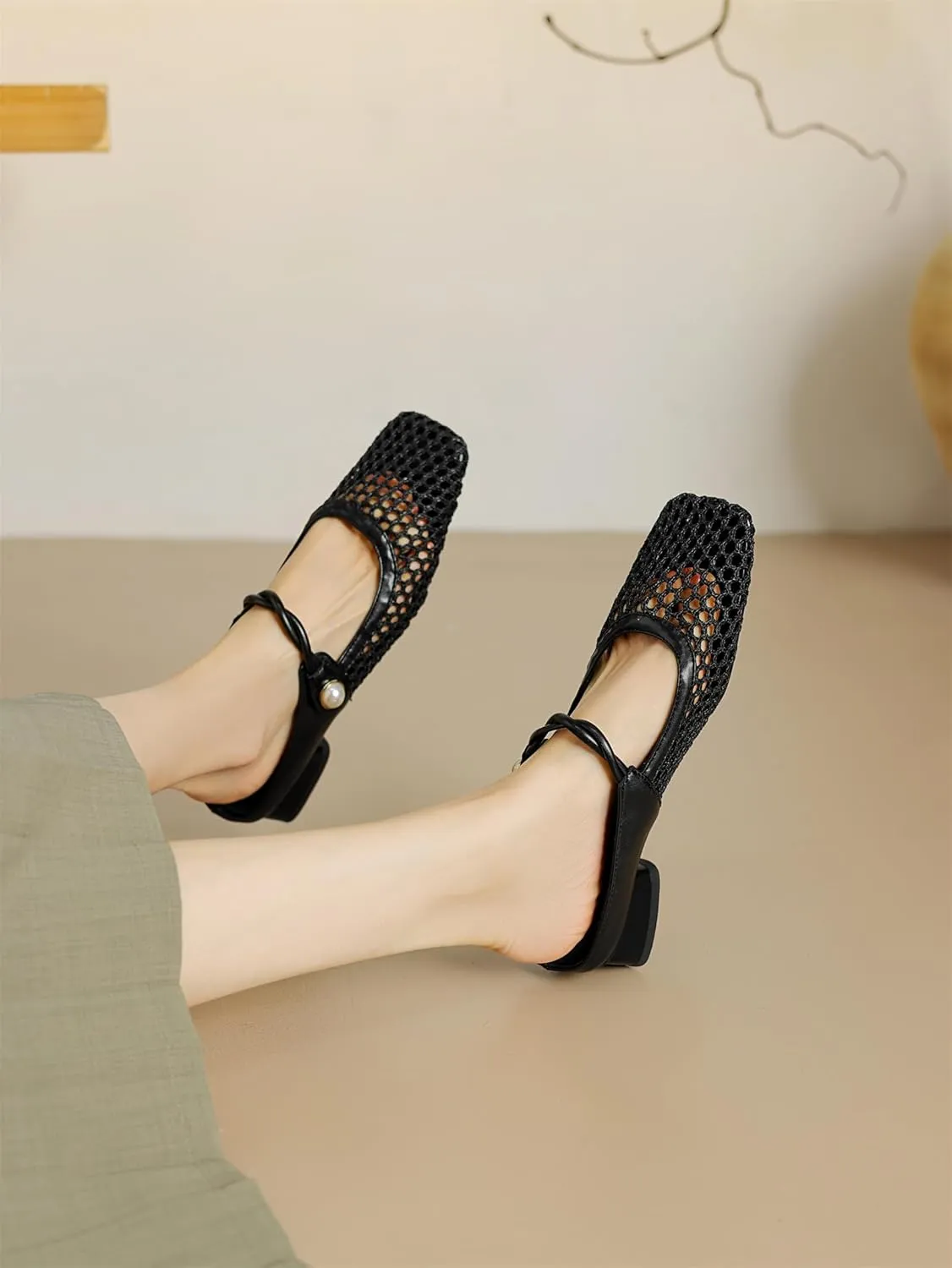 Women's Mash Sandal Web Pearl Buckle Slip-On Block Low Heels Pumps Closed Square Toe Work Comfortable Summer Vacation Mules Church Dress Shoes Wedding Evening Party Daily Wear Pumps