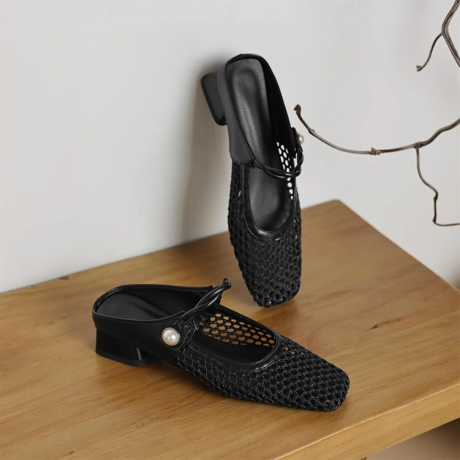 Women's Mash Sandal Web Pearl Buckle Slip-On Block Low Heels Pumps Closed Square Toe Work Comfortable Summer Vacation Mules Church Dress Shoes Wedding Evening Party Daily Wear Pumps