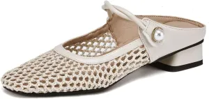 Women's Mash Sandal Web Pearl Buckle Slip-On Block Low Heels Pumps Closed Square Toe Work Comfortable Summer Vacation Mules Church Dress Shoes Wedding Evening Party Daily Wear Pumps