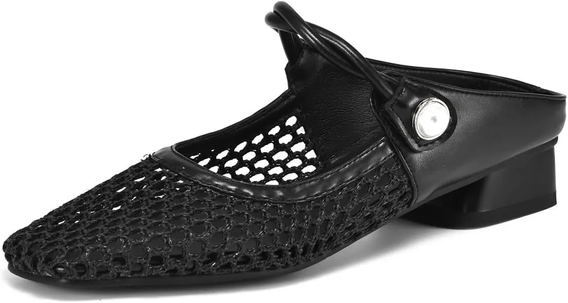 Women's Mash Sandal Web Pearl Buckle Slip-On Block Low Heels Pumps Closed Square Toe Work Comfortable Summer Vacation Mules Church Dress Shoes Wedding Evening Party Daily Wear Pumps