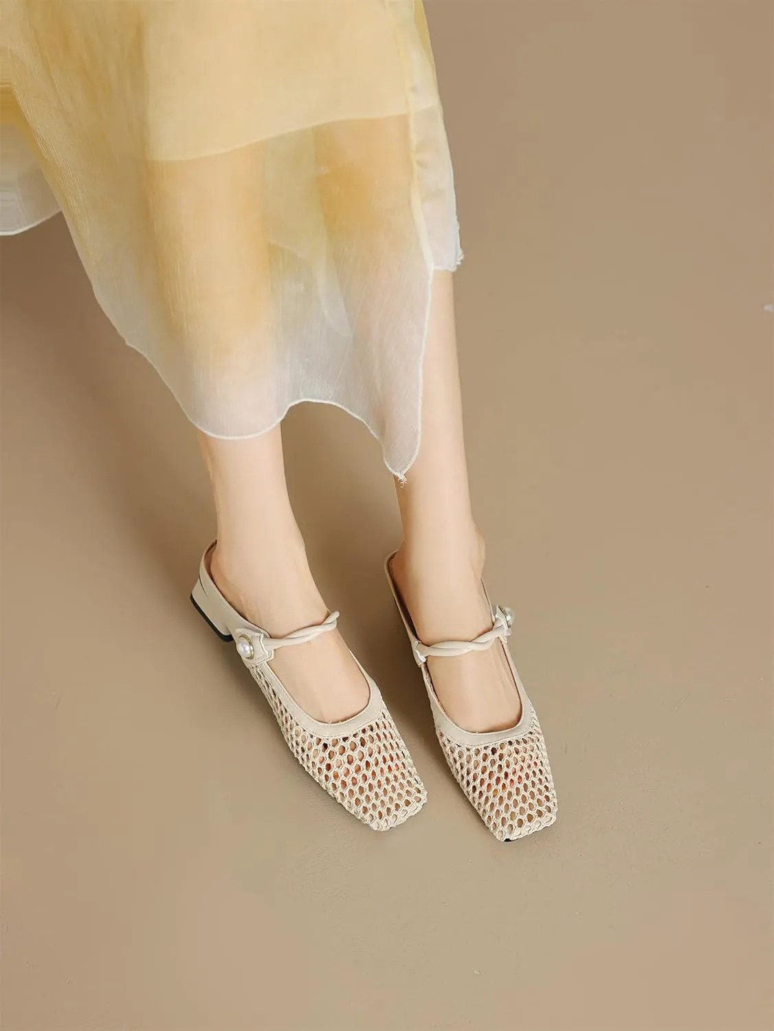 Women's Mash Sandal Web Pearl Buckle Slip-On Block Low Heels Pumps Closed Square Toe Work Comfortable Summer Vacation Mules Church Dress Shoes Wedding Evening Party Daily Wear Pumps