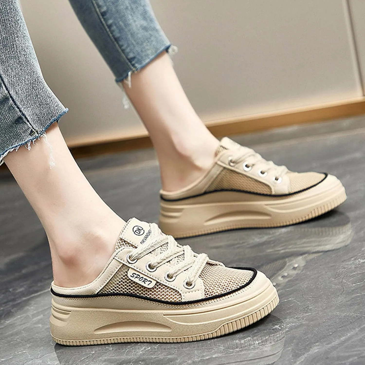 Women's Mesh Flat Mules Clogs Fashion Comfort Round Toe Platform Slip-On Walking Lace-Up Half Slides Daily Outdoor Casual