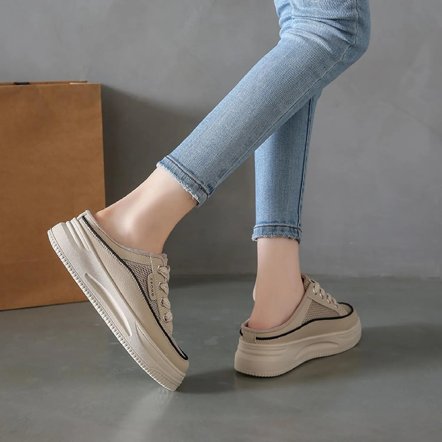 Women's Mesh Flat Mules Clogs Fashion Comfort Round Toe Platform Slip-On Walking Lace-Up Half Slides Daily Outdoor Casual