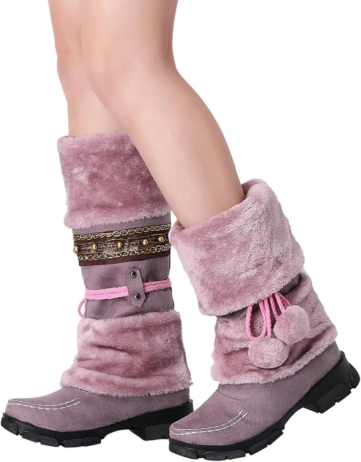 Womens Mid Calf Rhinestone Boots Fashion Round Toe Low Heel Knee High Riding Boot Soft Slouchy Boot Party Bling Shoes