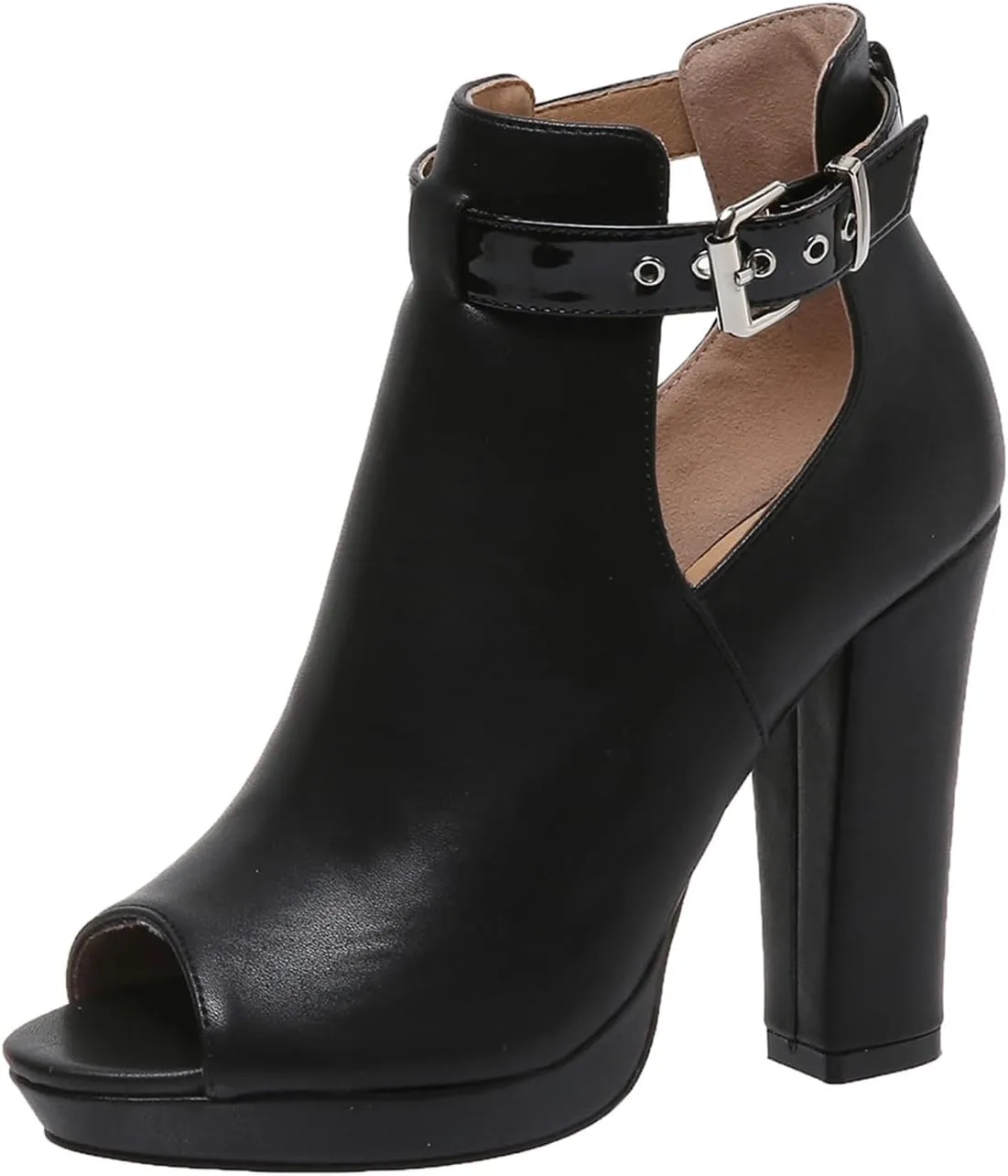 Women's Open Peep Toe Booties Cutout Side Strap Buckle Chunky Block Heel Fashion Short Ankle Boots Dressy Sandals