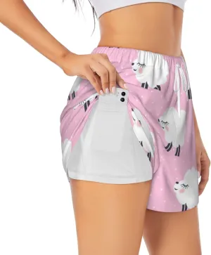 Women's Pink Sheep Print Athletic Shorts,Shorts Yoga Active Workout Running Shorts with Pockets