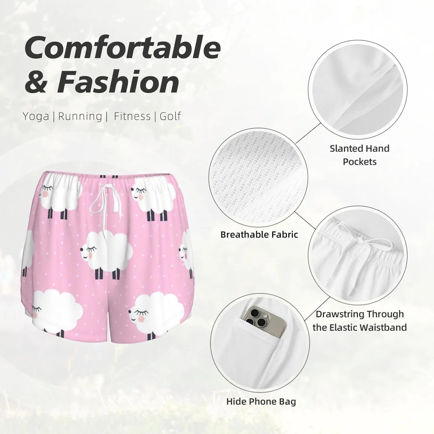 Women's Pink Sheep Print Athletic Shorts,Shorts Yoga Active Workout Running Shorts with Pockets