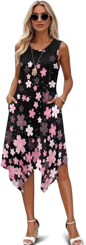 Women's Pleated Midi Dress with Pocket Sleeveless Crewneck Dresses
