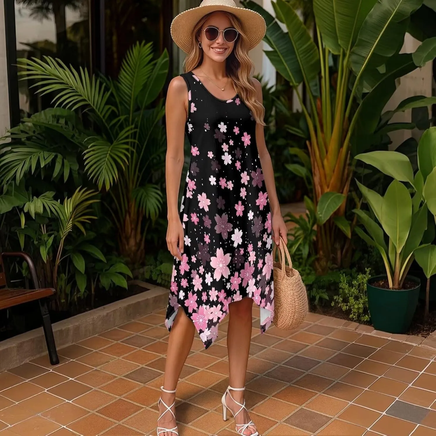 Women's Pleated Midi Dress with Pocket Sleeveless Crewneck Dresses