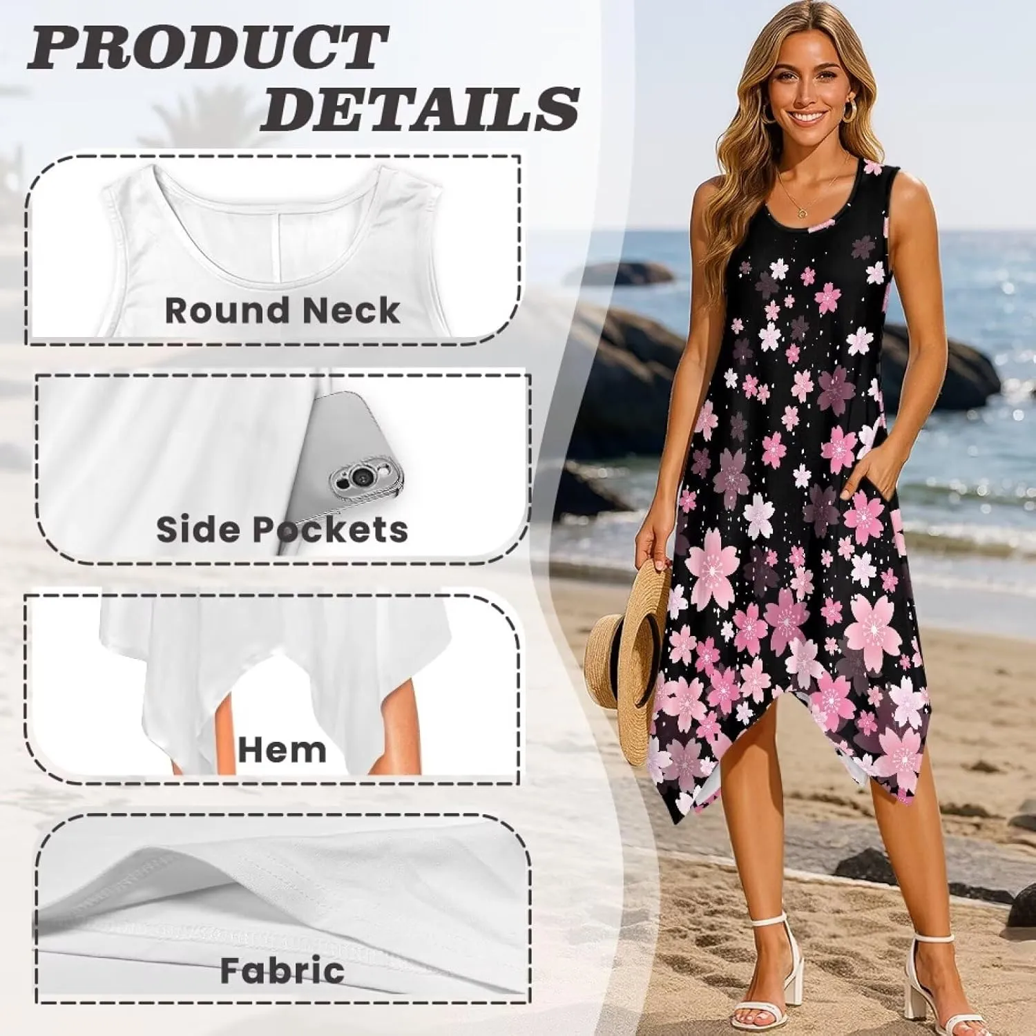 Women's Pleated Midi Dress with Pocket Sleeveless Crewneck Dresses