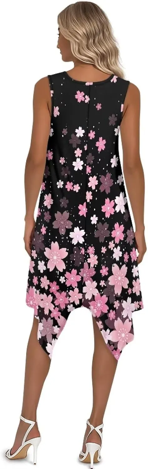 Women's Pleated Midi Dress with Pocket Sleeveless Crewneck Dresses