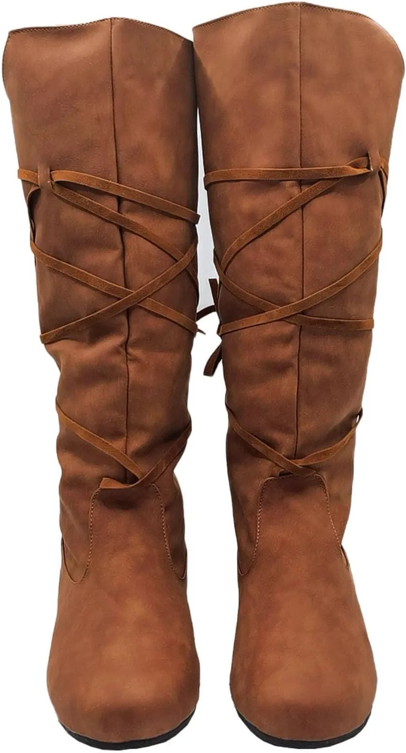 Women‘s Renaissance Boots Medieval Cosplay Halloween Boots Vintage Stage Pirate Viking Tied Shoes