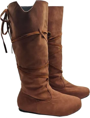 Women‘s Renaissance Boots Medieval Cosplay Halloween Boots Vintage Stage Pirate Viking Tied Shoes