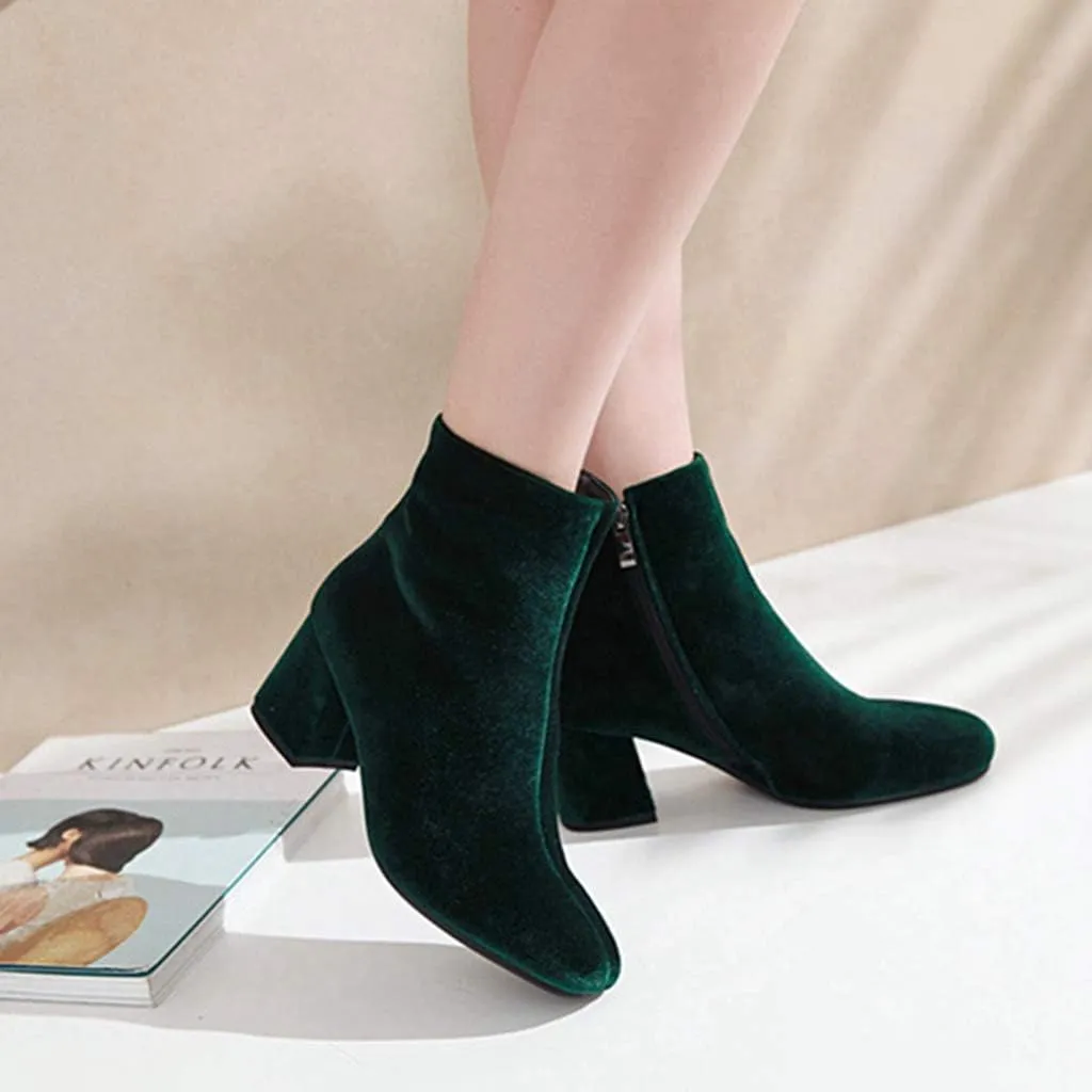 Women's Retro Dressy Ankle Boots Square Toe Zipper Velvet Lined Booties Chunky Mid Heel Short Boot