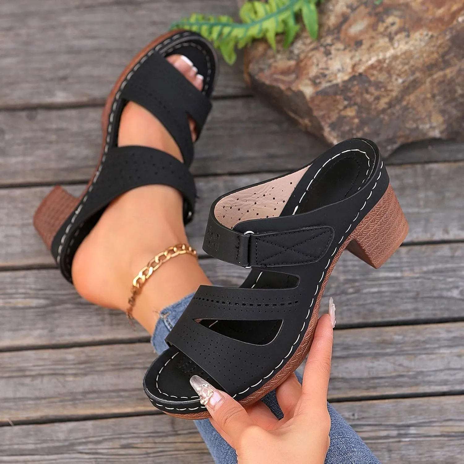 Women's Sandal Heels,Two Strap Open Toe Platform Slip-on Chunky Heels Sandals For Women Comfortable Walking Casual Dressy Summer Mules Shoes