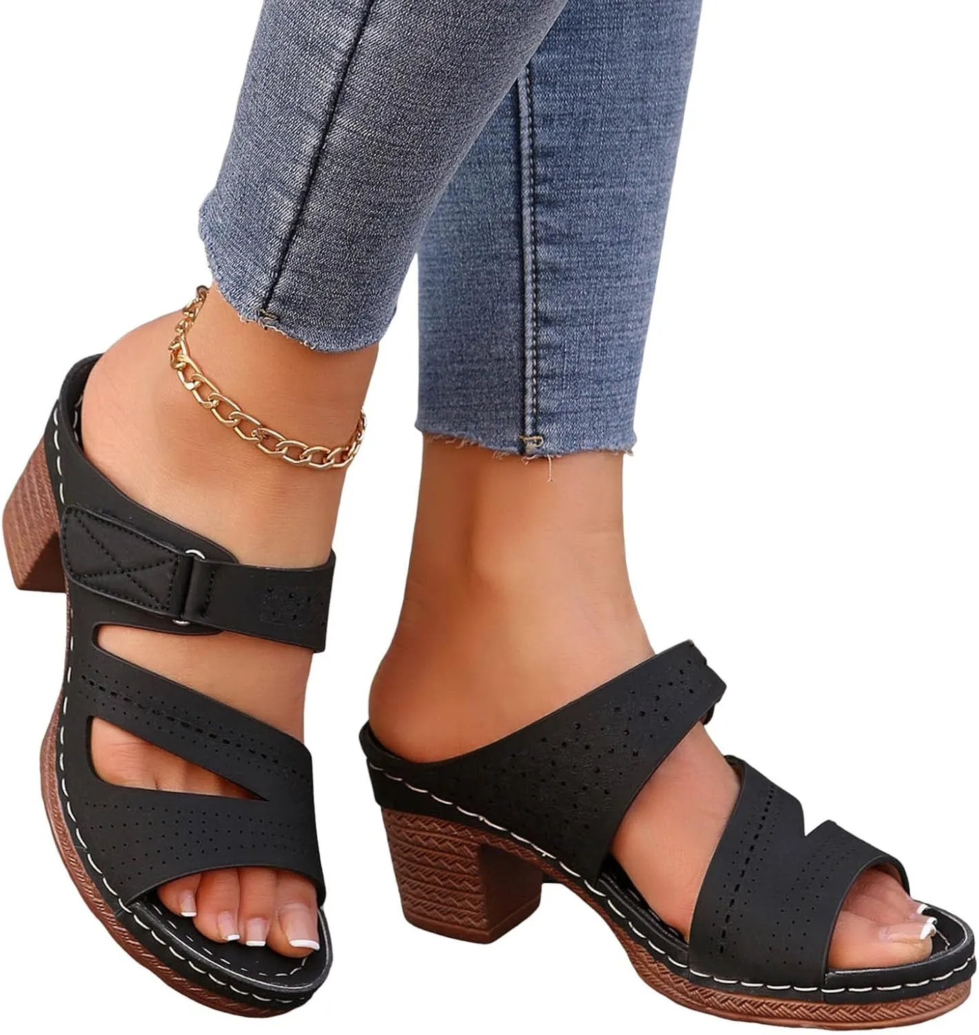 Women's Sandal Heels,Two Strap Open Toe Platform Slip-on Chunky Heels Sandals For Women Comfortable Walking Casual Dressy Summer Mules Shoes