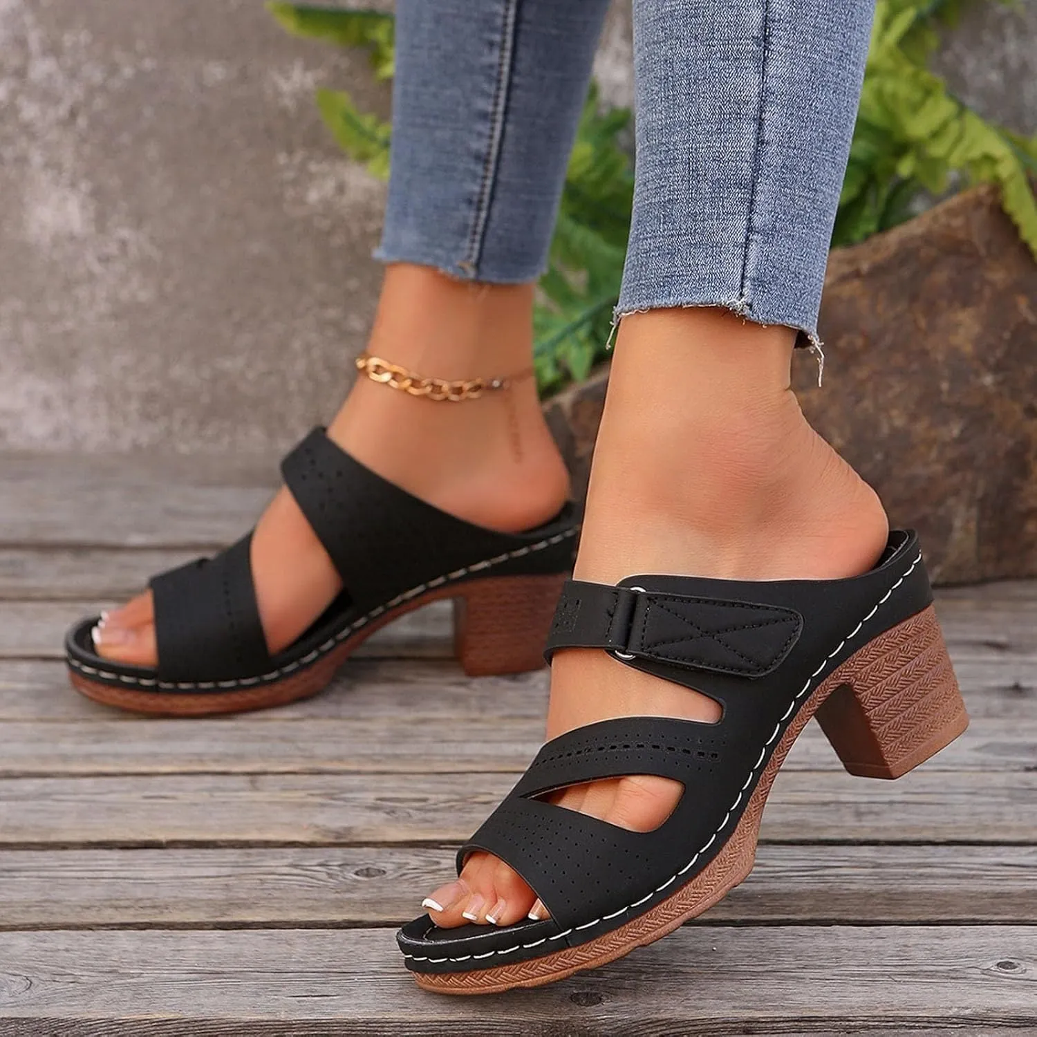 Women's Sandal Heels,Two Strap Open Toe Platform Slip-on Chunky Heels Sandals For Women Comfortable Walking Casual Dressy Summer Mules Shoes