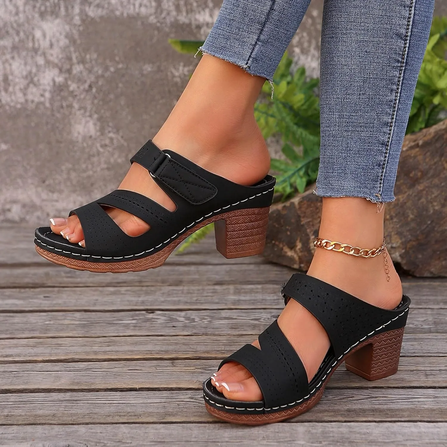 Women's Sandal Heels,Two Strap Open Toe Platform Slip-on Chunky Heels Sandals For Women Comfortable Walking Casual Dressy Summer Mules Shoes