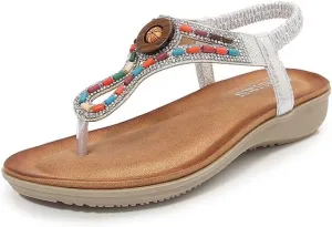 Women's Sandals Dressy Flat with Bohemian Beaded Casual Summer Slip On Ankle Elastic Beach Thong Shoes