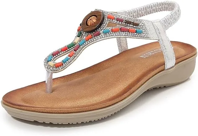 Women's Sandals Dressy Flat with Bohemian Beaded Casual Summer Slip On Ankle Elastic Beach Thong Shoes