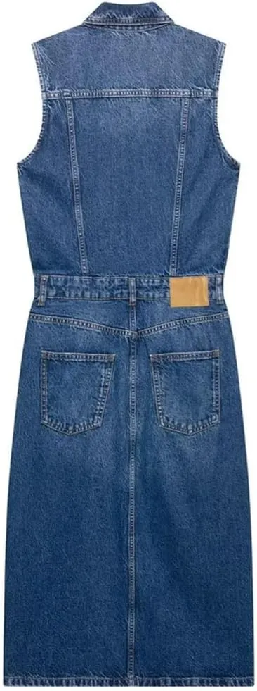 Women's Sleeveless Cowboy Midi Dress with Collar Buckle Pocket Decoration