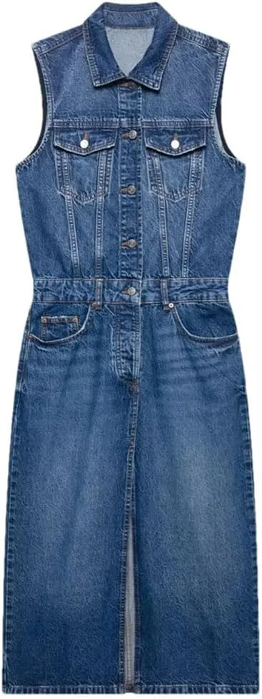 Women's Sleeveless Cowboy Midi Dress with Collar Buckle Pocket Decoration