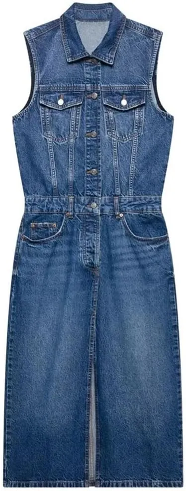 Women's Sleeveless Cowboy Midi Dress with Collar Buckle Pocket Decoration