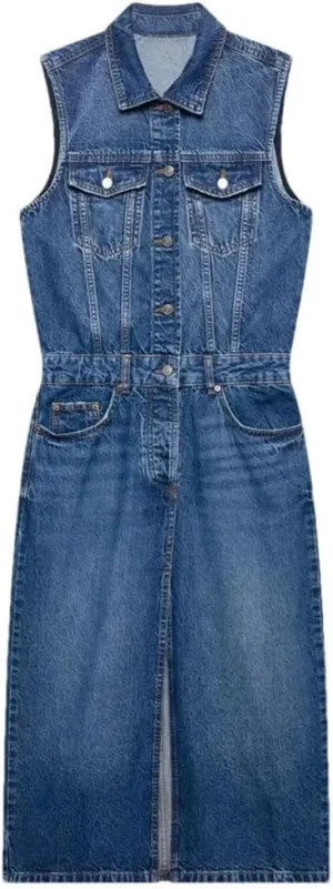 Women's Sleeveless Cowboy Midi Dress with Collar Buckle Pocket Decoration