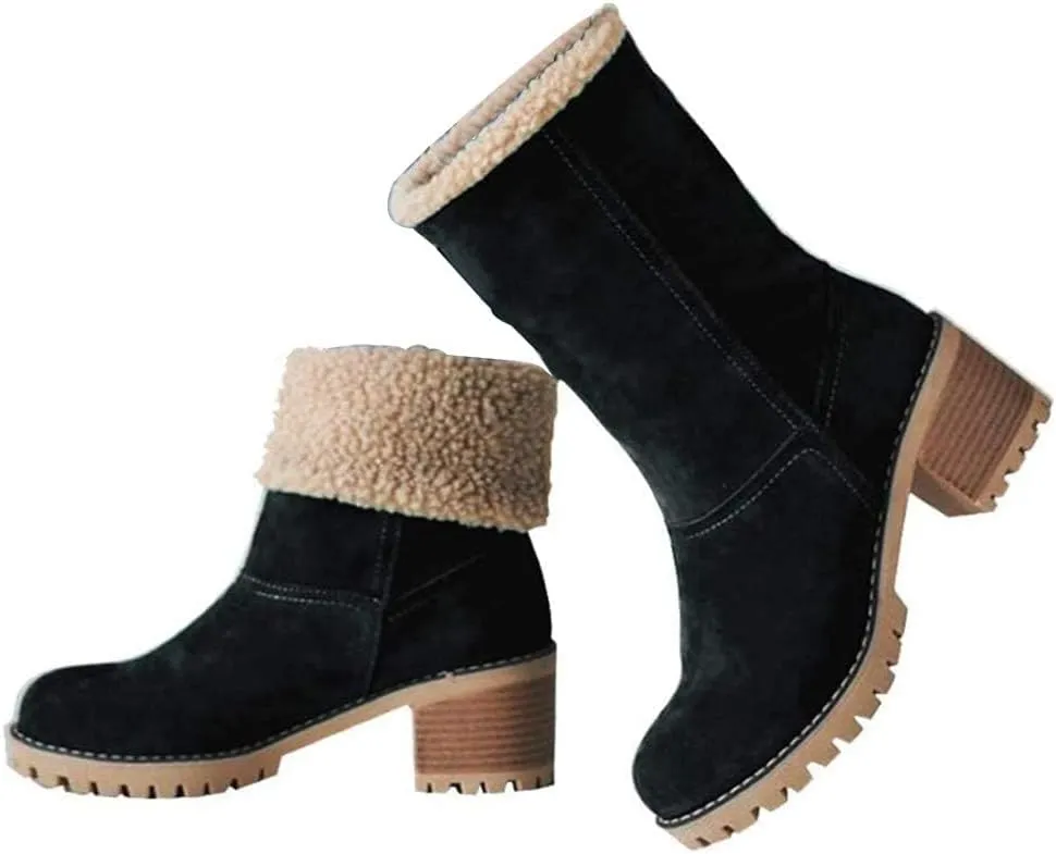 Womens Snow Boots Chunky Heel Slip On Ankle Booties Suede Fur Lined Waterproof Outdoor Comfortable Winter Shoes