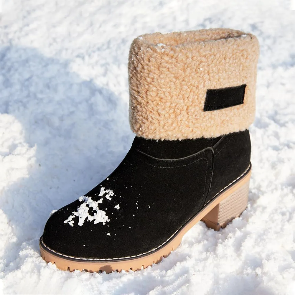 Womens Snow Boots Chunky Heel Slip On Ankle Booties Suede Fur Lined Waterproof Outdoor Comfortable Winter Shoes