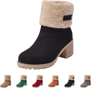 Womens Snow Boots Chunky Heel Slip On Ankle Booties Suede Fur Lined Waterproof Outdoor Comfortable Winter Shoes