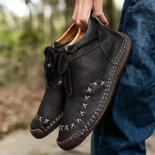 Women's Solid Color Casual Boots, Western Ankle Boots Leather Casual LightweightHand Stitching for Outdoor Workings