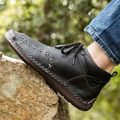 Women's Solid Color Casual Boots, Western Ankle Boots Leather Casual LightweightHand Stitching for Outdoor Workings