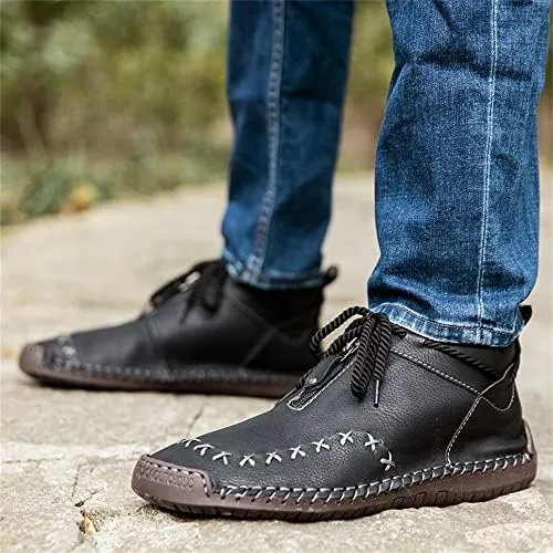 Women's Solid Color Casual Boots, Western Ankle Boots Leather Casual LightweightHand Stitching for Outdoor Workings