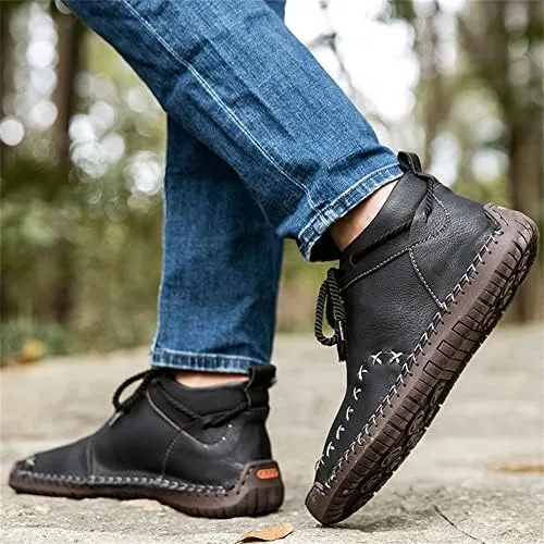 Women's Solid Color Casual Boots, Western Ankle Boots Leather Casual LightweightHand Stitching for Outdoor Workings