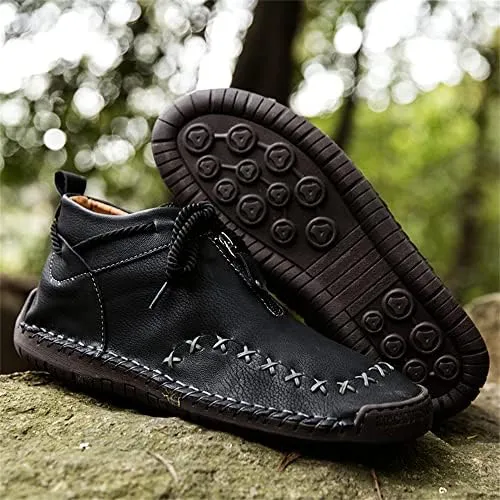 Women's Solid Color Casual Boots, Western Ankle Boots Leather Casual LightweightHand Stitching for Outdoor Workings