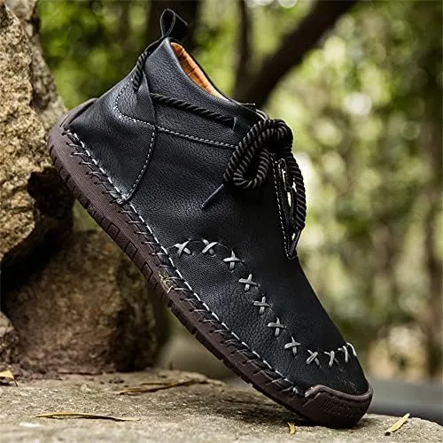 Women's Solid Color Casual Boots, Western Ankle Boots Leather Casual LightweightHand Stitching for Outdoor Workings
