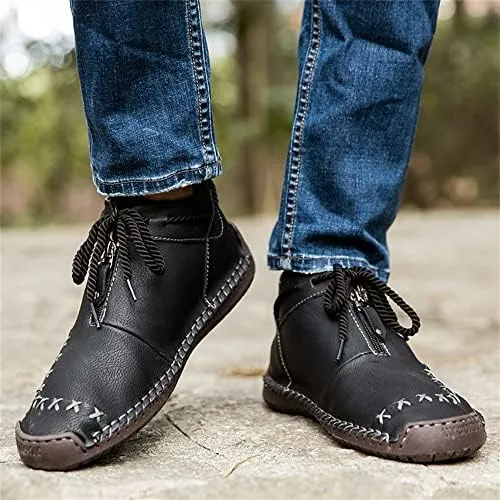 Women's Solid Color Casual Boots, Western Ankle Boots Leather Casual LightweightHand Stitching for Outdoor Workings