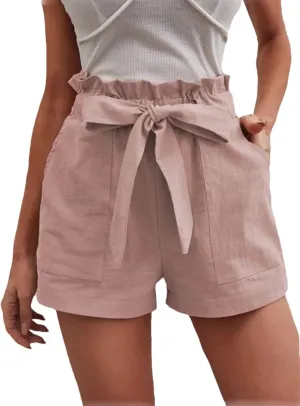 Women's Solid Color Double Pocket Shorts Women's Mid-Waist Bow Tie Casual Shorts
