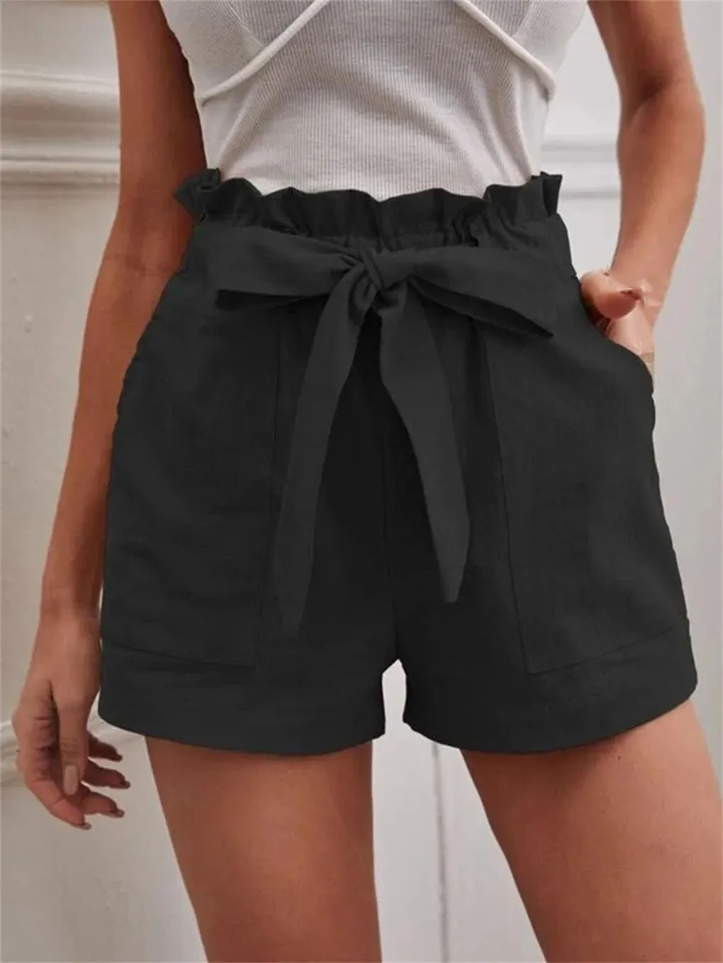 Women's Solid Color Double Pocket Shorts Women's Mid-Waist Bow Tie Casual Shorts